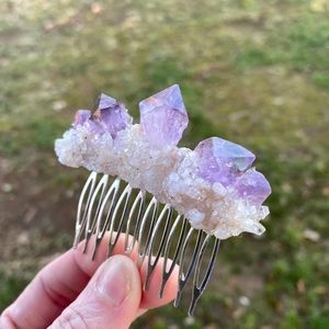 Amethyst Druzy Quartz Crystal Hair Comb